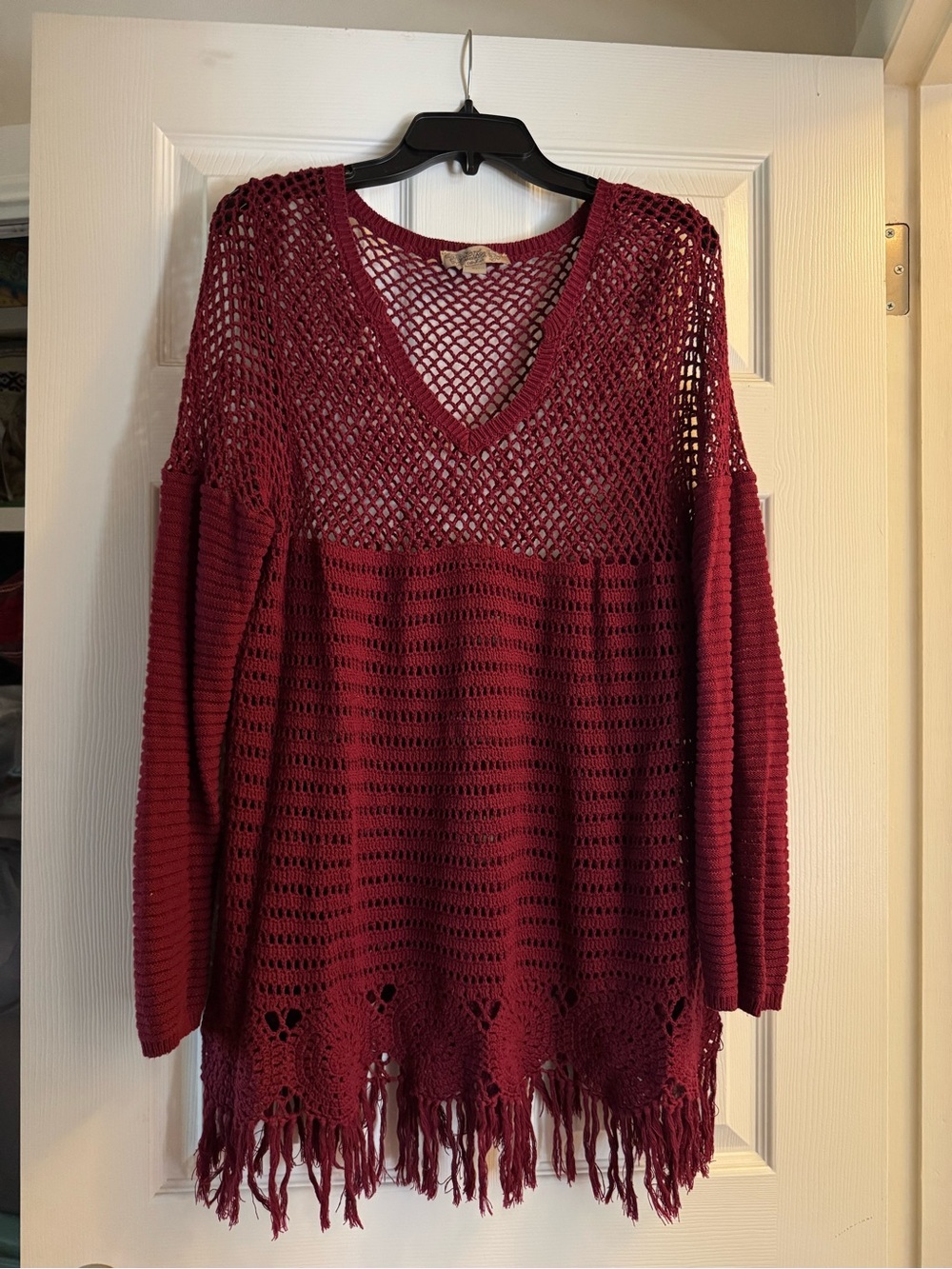 Vintage America Open Knit V-Neck Sweater - Wine Red